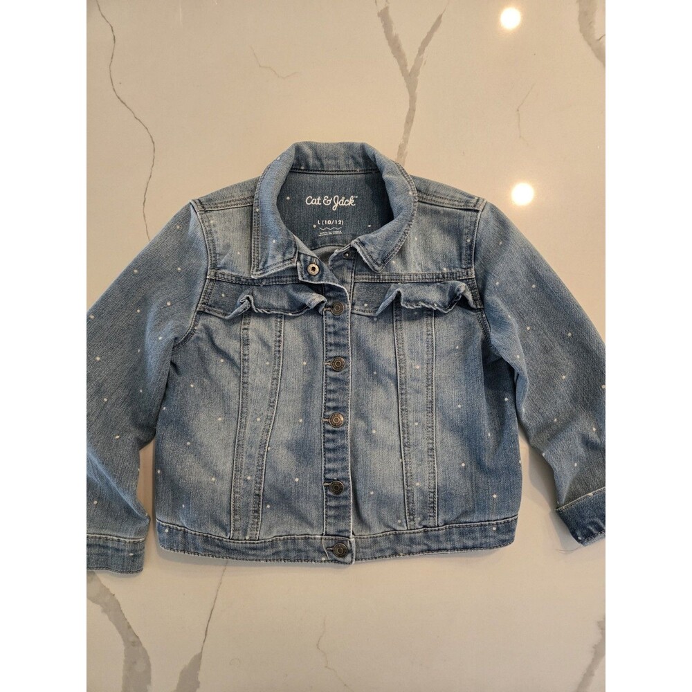 Cat & Jack L 10/12 Polka Dot Ruffle Denim Jacket Kids Girls Blue Jean Trucker